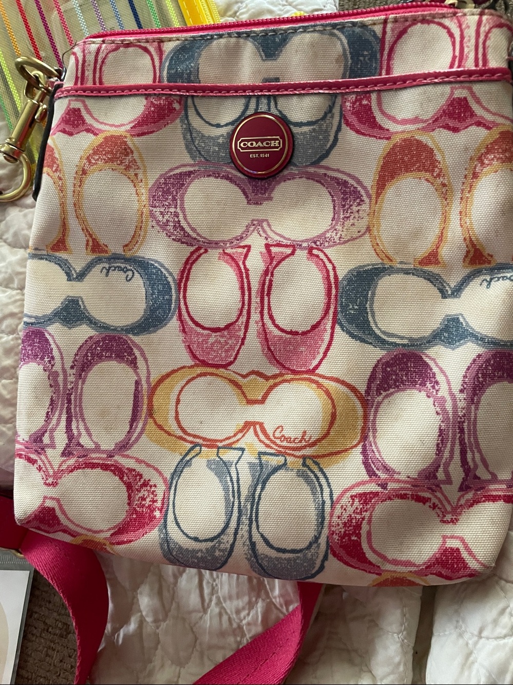 Coach Multicolor Scribble Crossbody Purse with Pink Strap